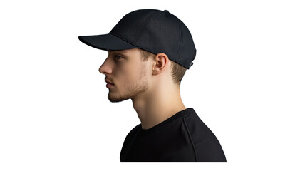 Man wearing a black baseball cap in a side profile shot