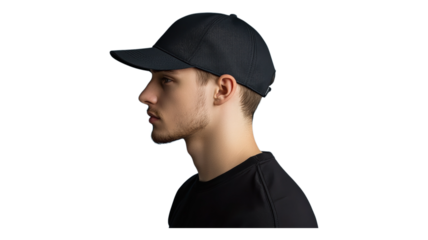 Man wearing a black baseball cap in a side profile shot