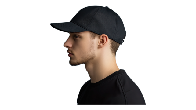 Man wearing a black baseball cap in a side profile shot