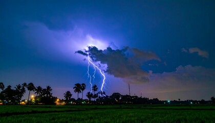 Fototapeta premium Dramatic lightning storm over a rural landscape at night