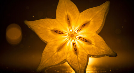Starfruit cross-section, macro shot with glowing yellow tones