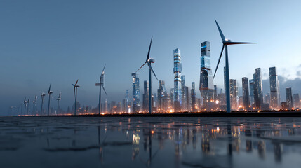 Naklejka premium Futuristic eco city powered by hybrid wind and solar farms, glowing skyline, cinematic sci-fi mood