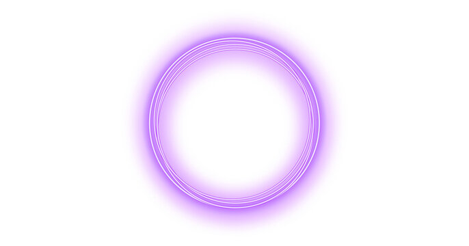 Luminous purple blank circle effect with neon purple illumination. Luminous purple swirl for advertising, awards, ceremonies, presentations. Luminous round purple frame png cutout