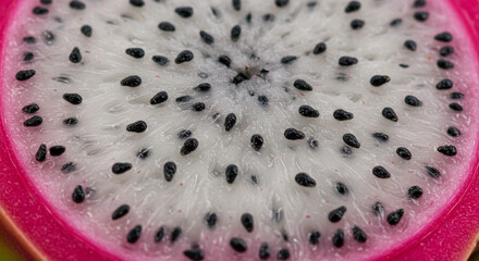 Dragon fruit sliced, macro detail of seeds and vibrant color