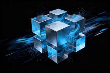 Floating transparent cubes with blue energy effects on a dark background