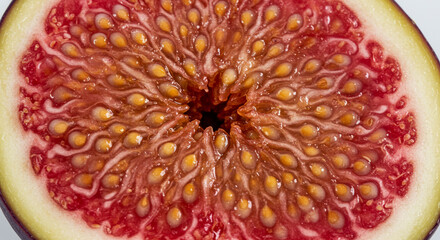 Fresh figs split open, macro close-up of seeds and juicy flesh