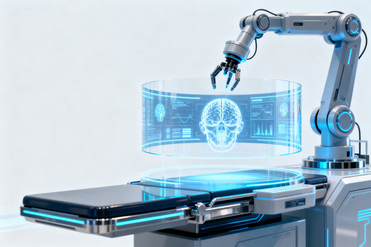 Robotic surgical arm with holographic brain display in a futuristic medical setting