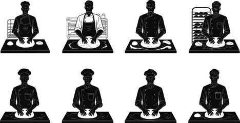 Vector illustration of bakers kneading dough on tables in professional kitchen with oven background, traditional bread making process artwork design.