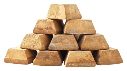 A pyramid stack of rectangular gold bars on black background