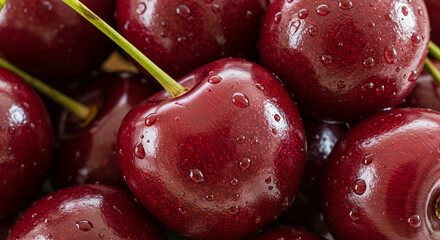 Fresh cherries with stems attached, macro shot with reflections