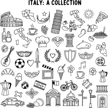 Detailed vector outline collection of Italian culture icons: famous landmarks, traditional food, travel symbols, and cultural elements in black and white.