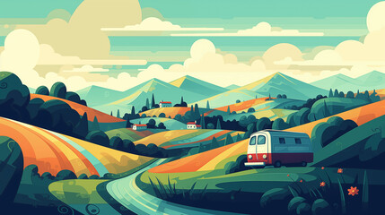 camper van driving through rolling green hills, coastal village in the distance, blue sky with, travel adventure, serene landscape, sunny day. Exploring the world. Travel campaign poster.