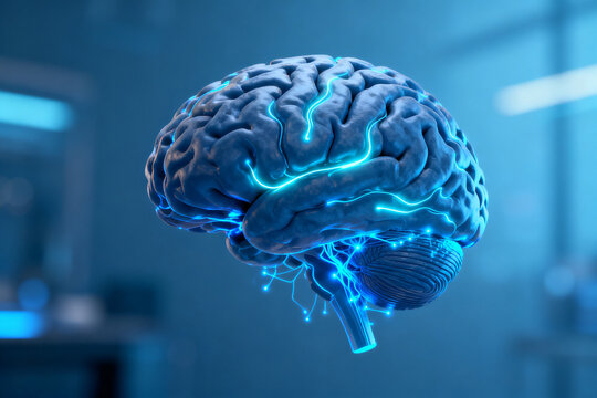 3D rendering of a human brain with glowing neural pathways in a laboratory setting