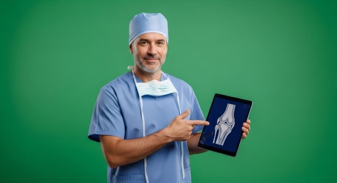 Man doctor presenting bone x ray on tablet for medical education. Orthopedic surgeon on green screen background for chroma key.