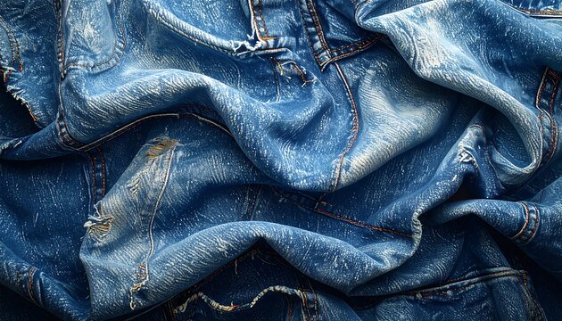 Close-up of crumpled blue denim fabric texture