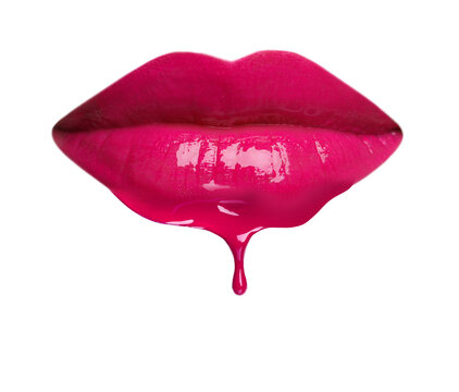 Pink liquid lipstick dripping from woman's lip against white background