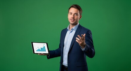 Man in blue suit showing tablet with business graph isolated on green screen background. Digital presentation for chroma key.