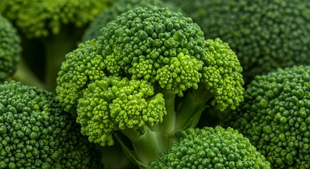 Fresh broccoli florets, macro detail of tiny buds with vibrant green