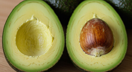 A halved avocado with seed intact, creamy flesh shown in macro detail