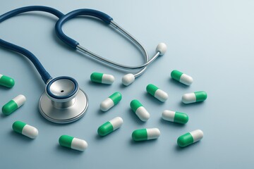 Stethoscope and Green White Capsules on Blue Background for Medical and Healthcare Themes