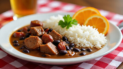 Rice with chicken and sweet rice pudding with chocolate and cinnamon