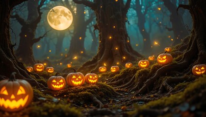 Enchanted forest of glowing jack o lanterns under a full moon with fireflies