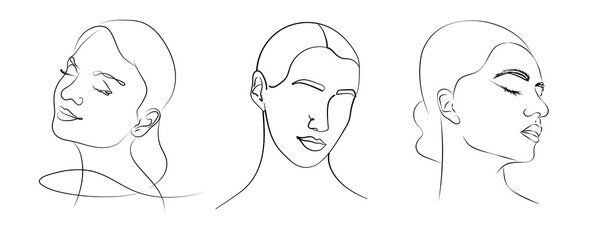 Line art portraits of women on white background, set