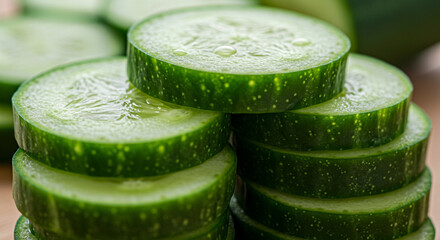 Fresh cucumber slices stacked neatly, macro view highlighting watery texture