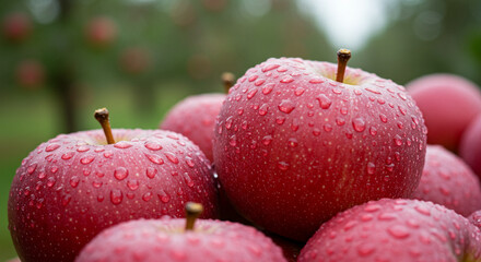 Shiny red apples covered in dew drops, macro shot with blurred orchard background