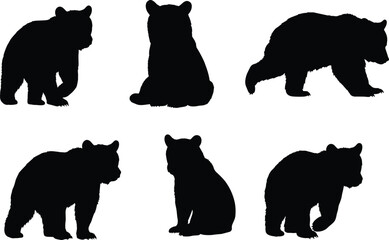 Bear cub silhouette collection, wild animal vector illustration, forest wildlife artwork, black bear outline, walking standing sitting cub graphic design © Moslama