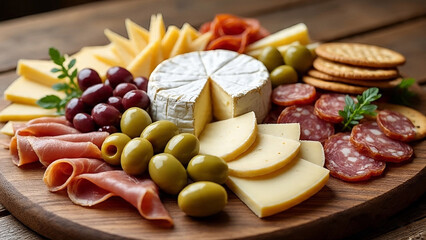 Cheese platter with olives and grapes