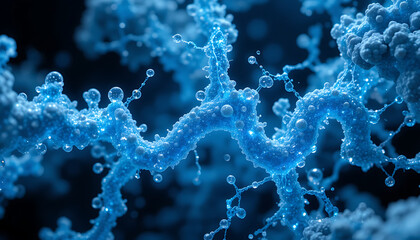 close-up of blue viral-like structures against a dark background