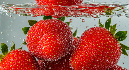 Fresh strawberries dipped in water, macro close-up with bubbles clinging to surface