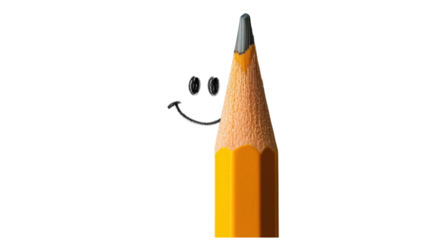 A pencil with a smiley face on a black background close up
