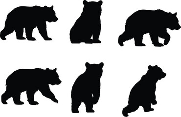 Bear cub silhouette vector illustration, wild animal graphic, forest wildlife artwork, black bear drawing, nature symbol design, walking sitting cub outline