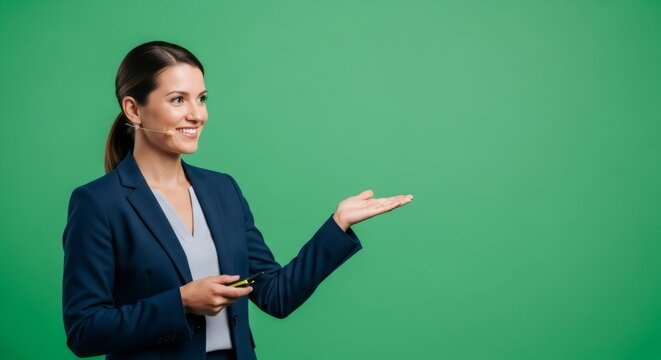 Smiling woman presenter with headset pointing to copy space. Chroma key effect for news broadcast or presentation.