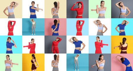 Stretching. Teenage girl doing exercises on colorful backgrounds, set