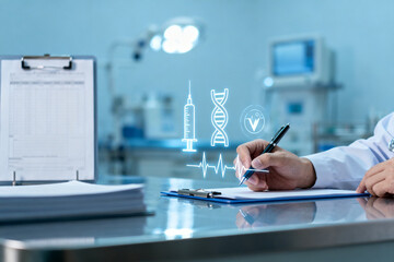 Medical professional documenting patient data in a clinical setting with digital health symbols overlay