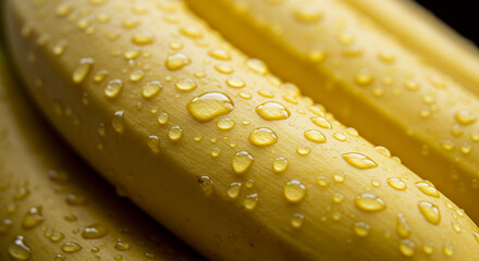 A bunch of bananas with water droplets, macro shot highlighting peel texture