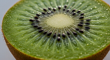 A cut-open kiwi fruit glowing under natural light, seeds in crisp macro detail