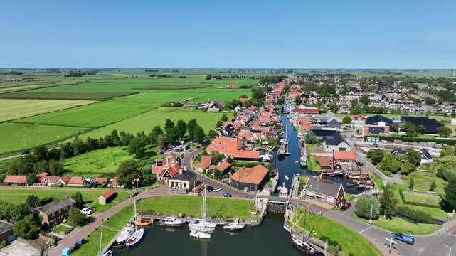 Aerial from the historical town Workum with the Gertrudis church in Friesland the Netherlands
