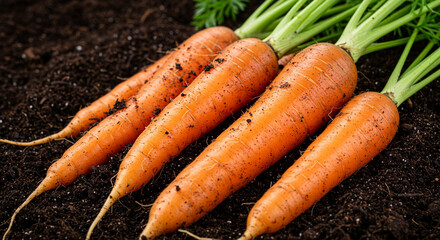 Vibrant orange carrots with roots and leaves attached, covered in fresh soil, detailed close-up