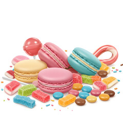 Obraz premium A front view of colorful candies paired with French macarons, showcasing vibrant hues, playful textures, and a sweet, festive presentation