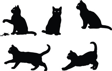 Black cat silhouettes collection, sitting and walking kittens, playful feline poses, Halloween decoration, spooky animal art, cute pet illustration design