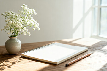 Notebook and pencil on wooden table with vase of white flowers near window