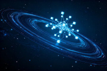 Abstract digital network structure resembling a planetary ring system in space