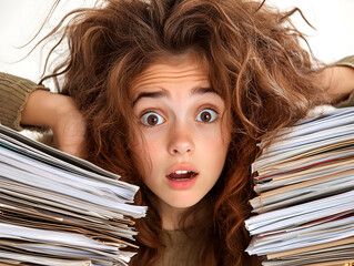 Overwhelmed stressed young woman intern with huge workload of paperwork in an office, looking nervous and shocked