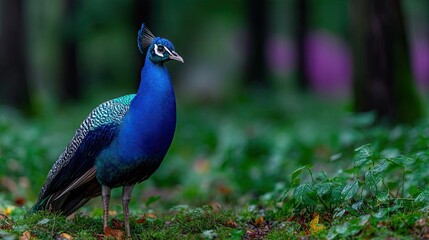 Vibrant Peacock Standing Tall on Lush Green Grass with Dark Forest Background Cinematic Style Wildlife Bird Royal Blue Plumage Outdoor