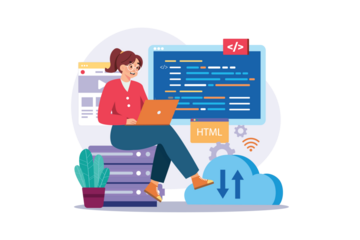 Female Programmer Working on Laptop with Cloud Computing Theme and Code Interface Transparent Background