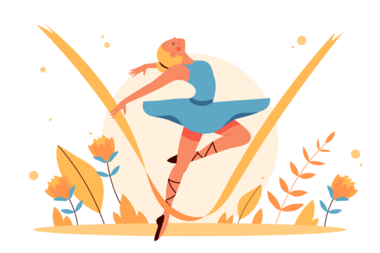 Female Ballet Dancer in Mid Air with Floral Accent and Circular Backdrop on Transparent Background Isolated for Artistic Projects